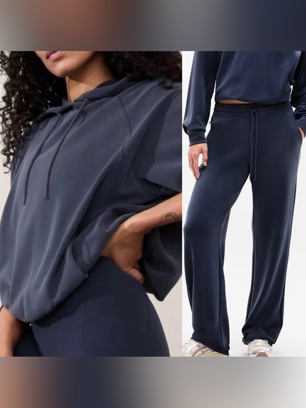 Athleta Navy Matching Set Bubble Hem Hoodie Seasoft Straight Pants Medium Petite